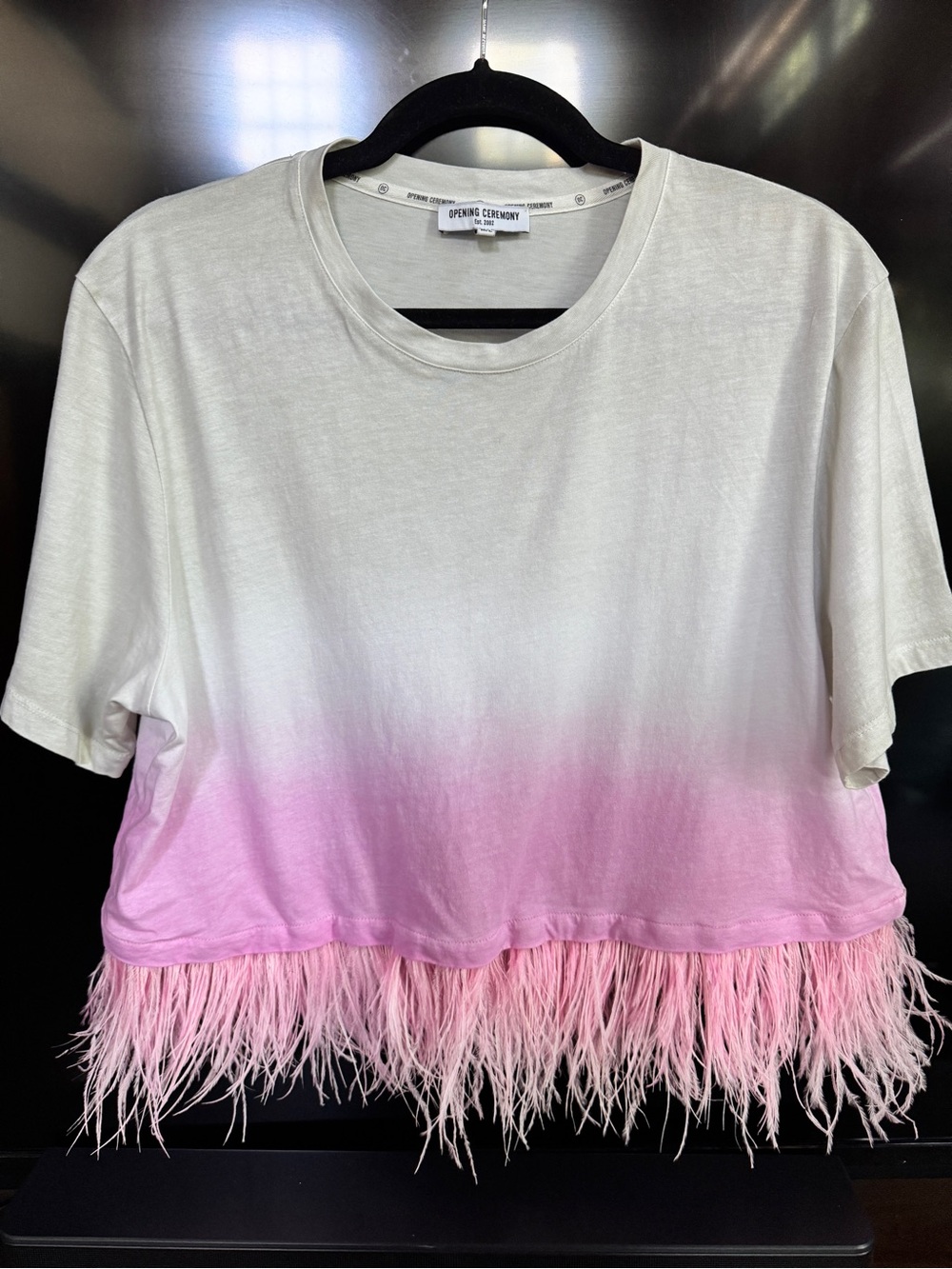 Opening Ceremony White to Pink Ombre Feather Trim Crop Tee